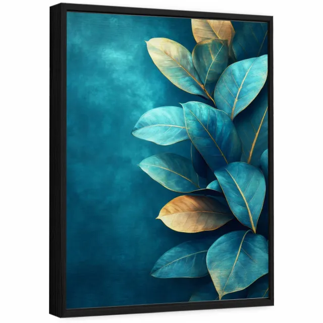 WALLARENA Schilderij op geborsteld aluminium met zwarte lijst 120x80 cm - ficusbladeren op betonlook - wanddecoratie voor woonkamer en slaapkamer Blauw