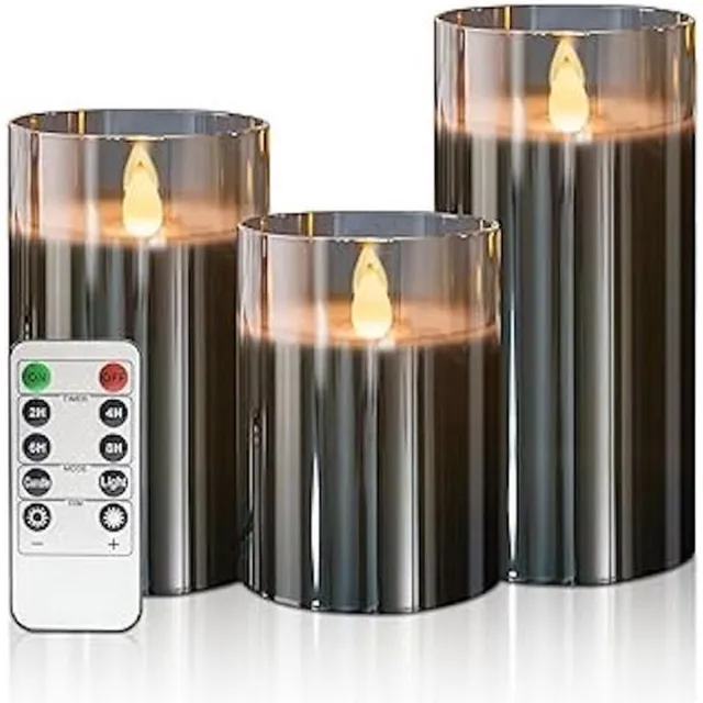 Moli Shop LED Kaarsen 3 stuks-Batterijkaarsen, zuilkaarsen Werkt op batterijen met afstandsbediening en timer, grijs glas