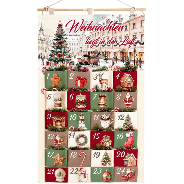 Famanu Opvouwbare stoffen adventskalender met 24 zakken voor ophanging