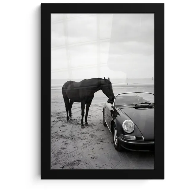 FrameYourWall Poster in lijst - Fotolijst 20x30 cm - Posters - Paard - Auto - Zwart - Wit - Posterlijst zwart - Decoratie - Wanddecoratie woonkamer - Muurdecoratie slaapkamer