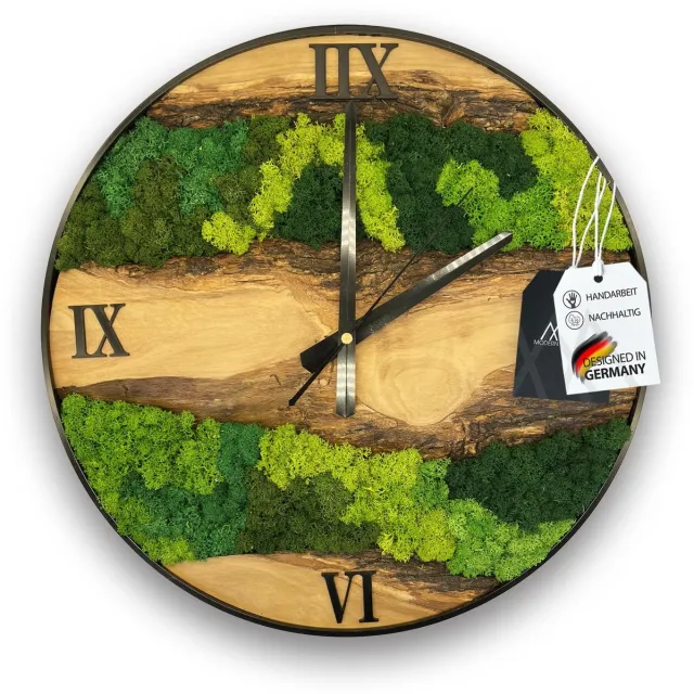 MODERNMOMENTS ® Moss wandklok van massief hout zonder tikkende geluiden Handgemaakte olijfhouten wandklokken moderne boomrand houten klok woonkamerklok wandklok massief hout natuurlijk hout klok decoratie mos foto Bruin