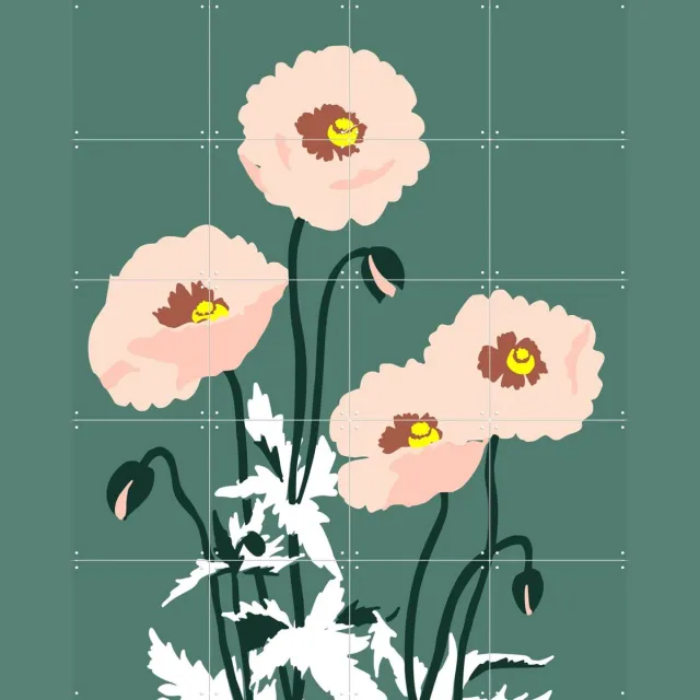IXXI Wild Garden Poppies Green, Annick & Various - 80 x 100 cm - Grote wanddecoratie en posters - Speels, Fantasierijk, Modern, Vintage, Illustraties Roze / Groen