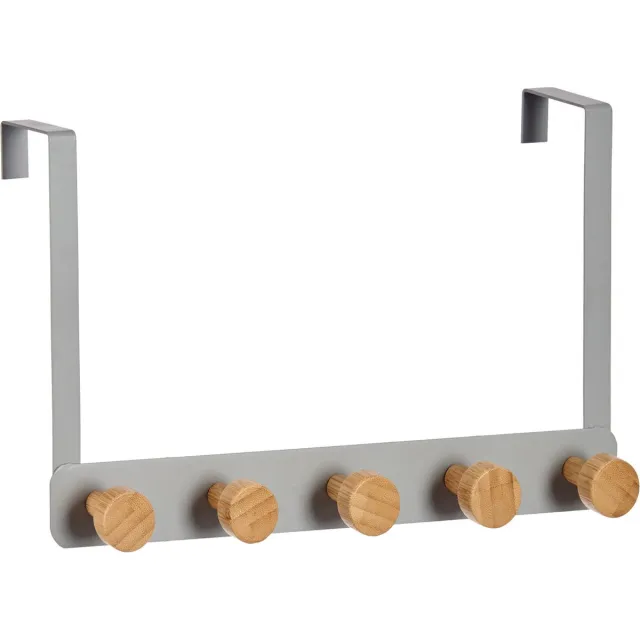 Berilo Deurkapstok - zilverkleurig - 5-haaks - kapstok - 33 cm - bamboe en metaal