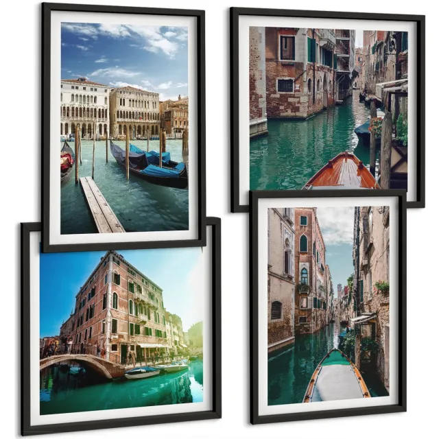 Coloray 4-Delige Schilderij Set - Uitzichten Op Venetië Met Kanalen En Stedelijke Architectuur. - 40 x 40 cm En 40 x 60 cm - Stijlvolle Muurdecoratie - Slaapkamer - Moderne Wanddecoratie Zwarte lijst