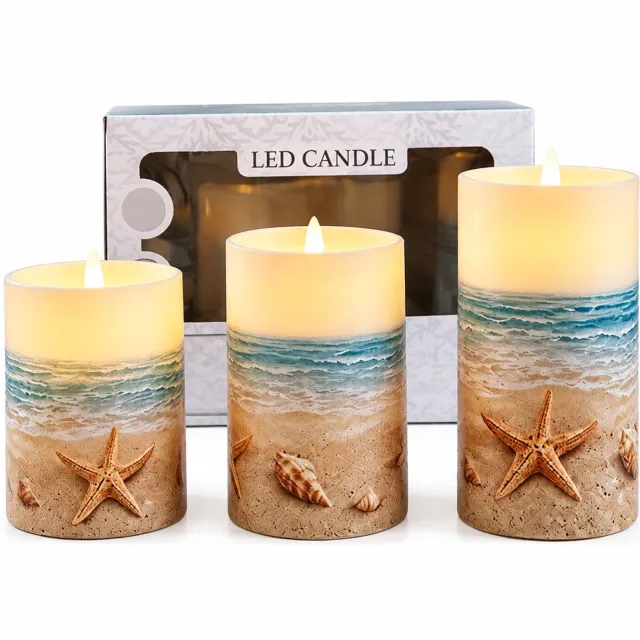 SWGOTA led kaarsen met bewegende vlam, set van 3, warm licht en strandmotief met zeesterren en schelpen, in vensterdoos, zonder batterijen Beige;Blauw;Wit