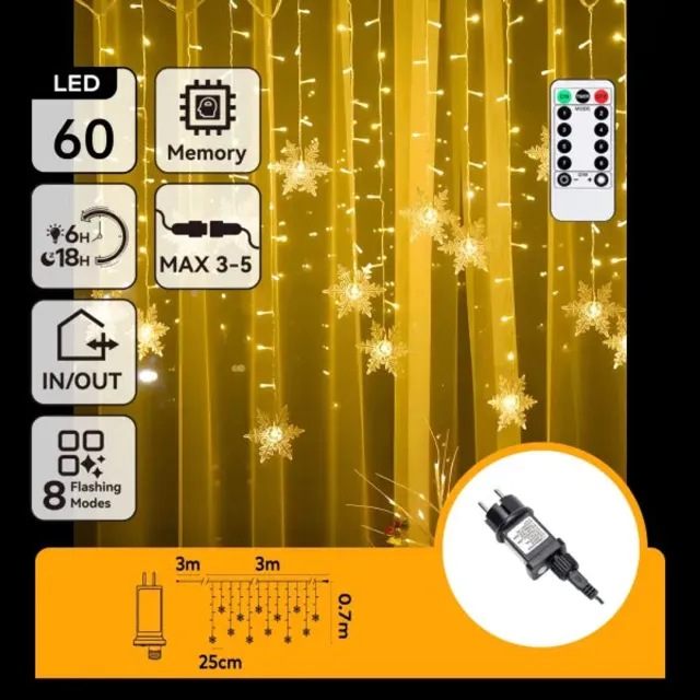 Aigostar LED lichtsnoer ijspegel sneeuwvlok warmwit 6x0,7 meter (3+3x0,7m) - 12 LED slingers - sproeidicht IP44 - koppelbaar (max. 5) - 230V AC - 24V - met afstandsbediening