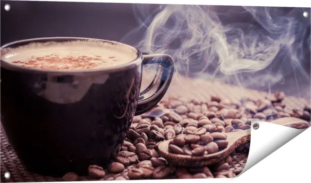 Gards Tuinposter Hete Koffie Kop met Koffiebonen - 100x50 cm - Tuindoek - Tuindecoratie - Wanddecoratie buiten - Tuinschilderij Multikleur