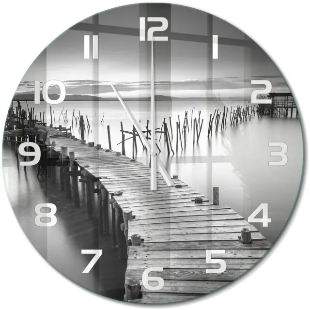 TULUP Wandklok - Houten brug Glazen Wandklok Design - fi60 cm - Zwart-wit Klok Glas Met Opdruk - Witte handen - Ronde Klok - Wandklok Glas Met Motief - Decoratieve Glazen Klok