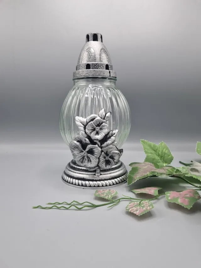 Lubema Herdenkingslicht - R492f-sr - Zilver - Viooltjes - Grafkaars – Graflicht – Graflantaarn – Grafdecoratie - Windlicht