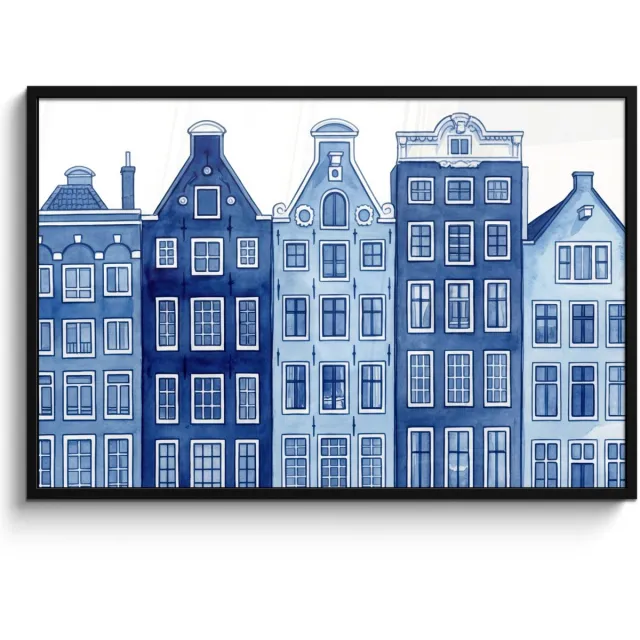 FrameYourWall Poster in lijst - Fotolijst 120x80 cm - Posters - Aquarel - Grachtenpanden - Delfts - Blauw - Posterlijst zwart - Decoratie - Wanddecoratie woonkamer - Muurdecoratie slaapkamer