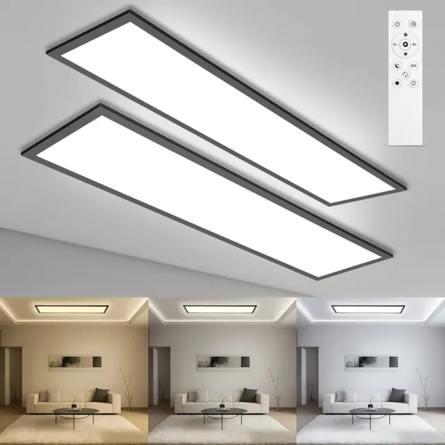 Oraymin 2 Stuks LED Paneel Plafondlamp 100x25 cm - 30W Dimbaar - Memory Functie - Met Afstandsbediening - Zwart