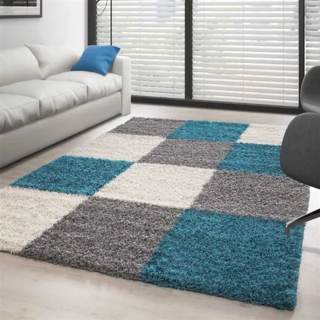 TapisTrend Harig tapijt Turquoise-Wit-Grijs 160x230 cm Een hoogpolig vloerkleed met een ruitpatroon, verkrijgbaar in verschillende kleuren en maten