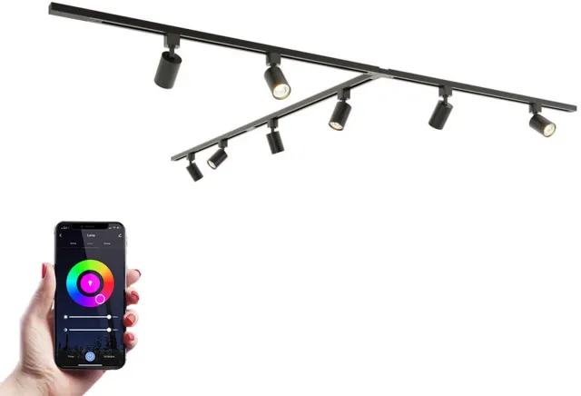 HOFTRONIC railverlichting pakket T-vorm – 4x 1 meter rail – 8 RGBWW GU10 railspots – dimbaar via app – aluminium zwart – IP20 – modulair – 230V – slimme verlichting woonkamer keuken kantoor