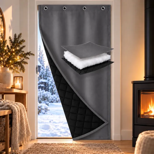 Qelus Warmtewerend Deurgordijn 1 Stuk - Donkergrijs - 100 x 210 cm - Gewatteerd Polyester 420 g/m² - Isolerend, Water- en Winddicht - Zelfklevend met Magic Tape en Haken - voor Huis, Garage, Winkel en Hal