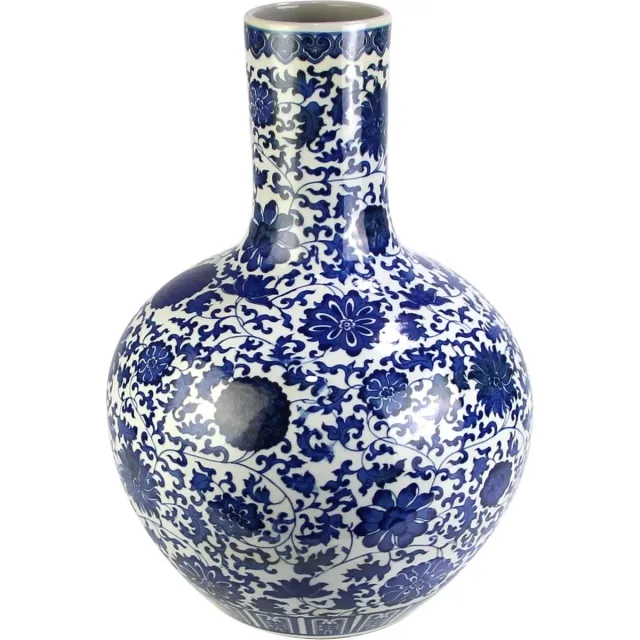 Fine Asianliving Chinese Vaas Porselein Lotus Handgeschilderd Blauw-Wit D32xH46cm Blauw, Wit