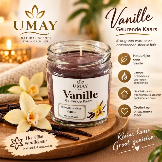 Umay Home UMAY Vanille Geurkaars in Glazen Pot – Handgemaakt WIT