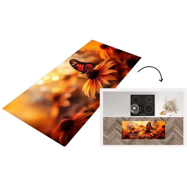 KitchenYeah Keukenloper - Keukenmat vinyl Vlinder - Bloemen - Oranje - Keukenmatten loper - Keuken vloerkleed tapijt