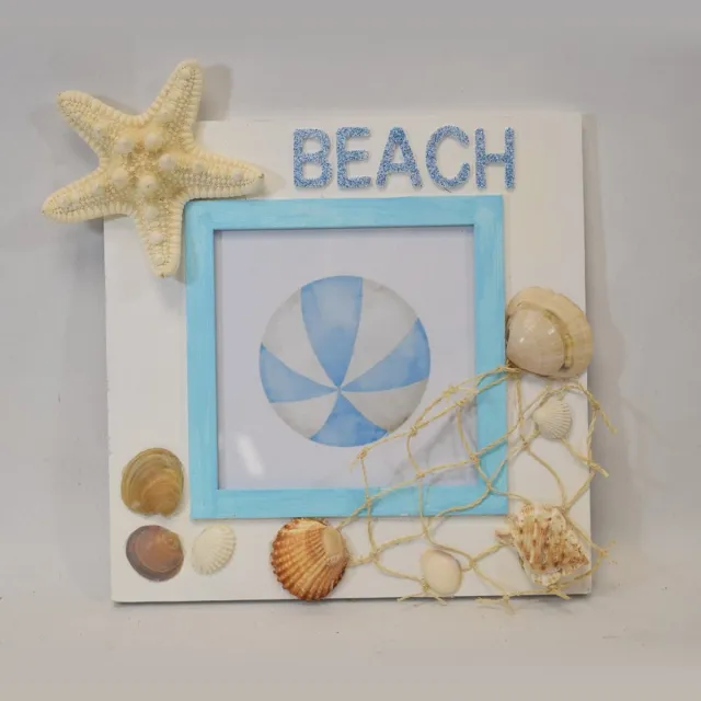 ZoeZo Design fotolijst - fotolijstje - strand - zee - schelpen - nautisch - hout - echte schelpen - 17 x 17 cm - voor foto van 9 x 9 cm - kan vrij staan wit - blauw - beige