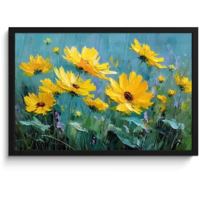 FrameYourWall Poster in lijst - Fotolijst 60x40 cm - Posters - Penseelstreken - Bloemen - Felgeel - Abstract - Posterlijst zwart - Decoratie - Wanddecoratie woonkamer - Muurdecoratie slaapkamer