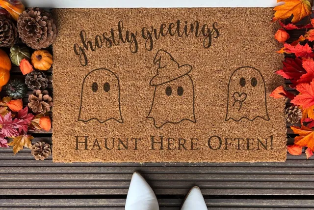 Laser Point Ghost Halloween | 90x60 cm | Nieuwe huis cadeau | Ingangsmat | Deurmat met stijl | Verhuizing cadeau | Praktisch & trendy | Perfect voor binnenkomst | Cadeau voor nieuwe woning Bruin | Zwart (Gravering 90x60)