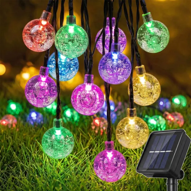 Rosnek Solar Lichtsnoer Buiten - Lichtslinger met 20 LED Kristallen Bollen - 5 Meter - 2 Standen met Geheugenfunctie - Tuinverlichting op Zonne-energie - IP44 Waterdicht - Meerkleurig