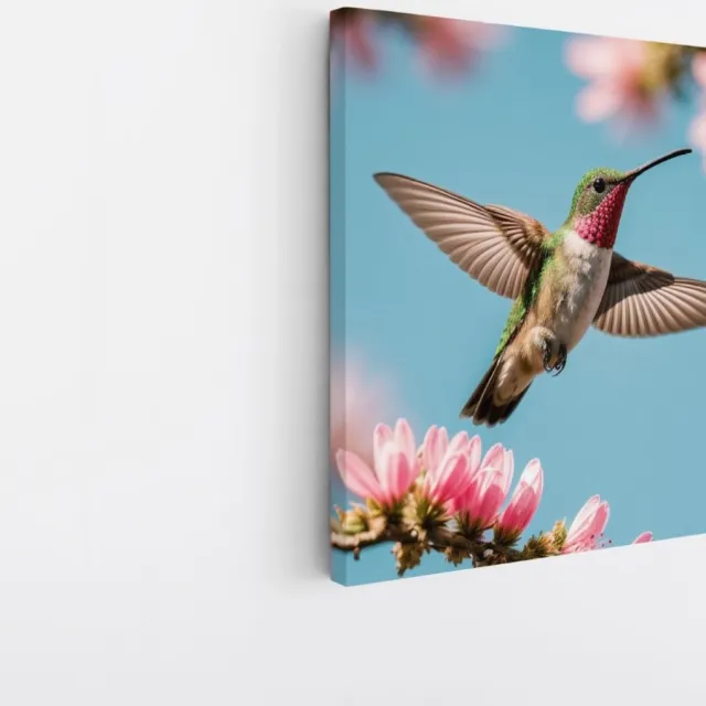 Saammp Canvas Schilderij - Kolibrie vliegt tussen de bloemen - Natuur - Dieren- 30x30 - Foto op canvas - Wanddecoratie - Muurdecoratie Woonkamer - Slaapkamer decoratie - Canvas Print Multicolor