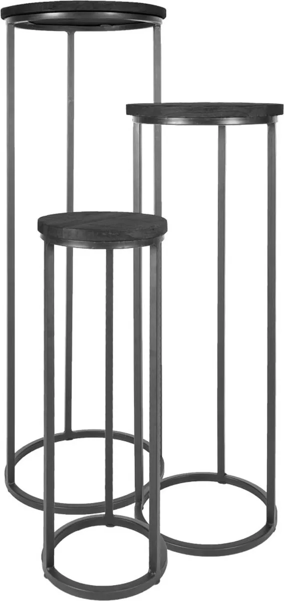 Home67 Plantentafels Sam Rond - Set van 3 - Zwart Mangohout - Set van 3 Plantenstandaards