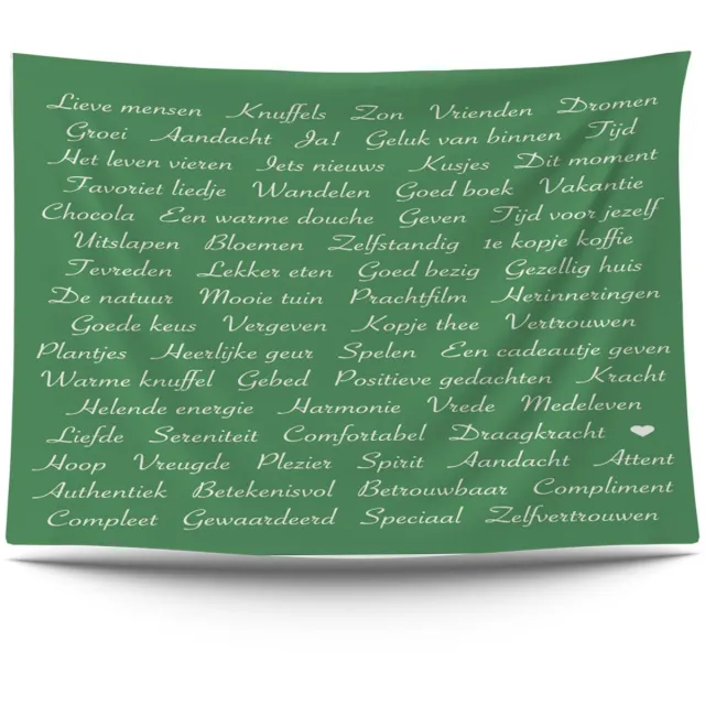 Ulticool Wandkleed 200x150 cm – Positieve Gedachten Manifesteren – Met Bevestigingspinnen - voor Binnen / Buiten - Tuinposter Wandtapijt Tuintapijt Affirmatiekaarten Inspiratiekaarten Tekst Zen - Pakket - voor Moeders Groen