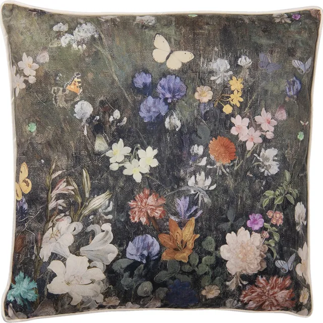 Clayre & Eef Sierkussen 45x45 cm Groen Synthetisch Bloemen Zwart