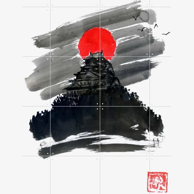 IXXI Temple Red Moon, Péchane - 80 x 100 cm - Grote wanddecoratie en posters - Illustraties, Ukiyo-e, Aquarel, Mancave, Woonkamer, Slaapkamer Rood / Zwart en wit