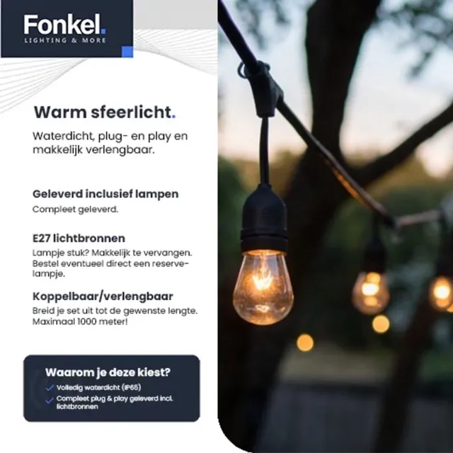 Fonkel 100m Arena Eco Prikkabel – Vaste lampen – Extra Warm Wit 1800K Lampjesslinger - Lichtsnoer - Sfeerverlichting Buiten en Binnen - Feestverlichting