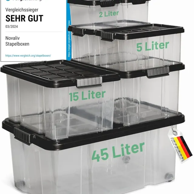 Novatool Novaliv 7-delige set opbergdozen met deksel, antraciet, 1x45 L + 2x 15 L + 2x 5 L + 2x 2 L, nestbaar, stapelbaar, clipsluiting, roldozen, BPA-vrij