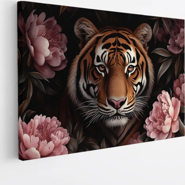 Saammp Canvas Schilderij - Natuur - Tijger tussen de roze bloemen - landschap - 100x75 - Foto op canvas - Wanddecoratie - Muurdecoratie Woonkamer - Slaapkamer decoratie - Canvas Print Multicolor