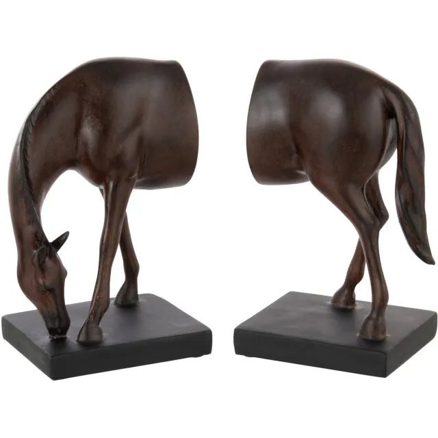J-Line boekensteun Paard - polyresin - donkerbruin - set van 2