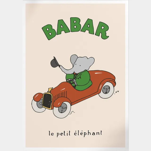 Pepperwall Babar By Automobile (Babar de Olifant) | Poster | B2: 50 x 70 cm Multikleur