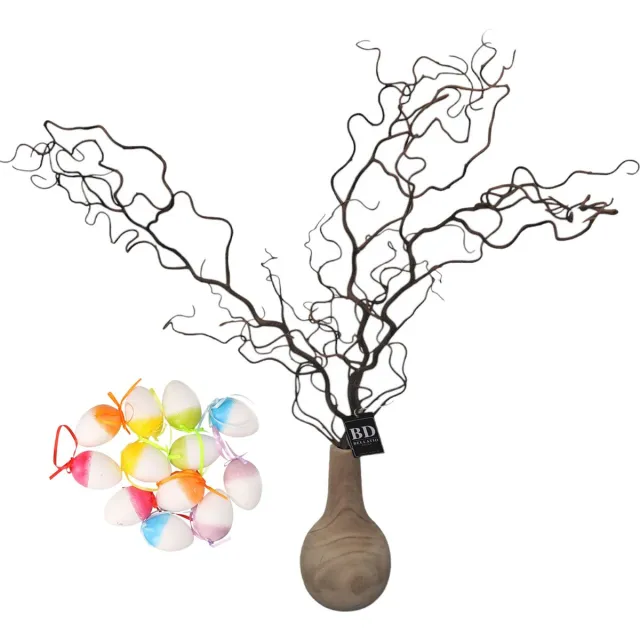 Bellatio Design Kronkelhazelaar kunst paastak - incl paaseieren - 87 cm - paasdecoratie kunsttakken Multi pastel