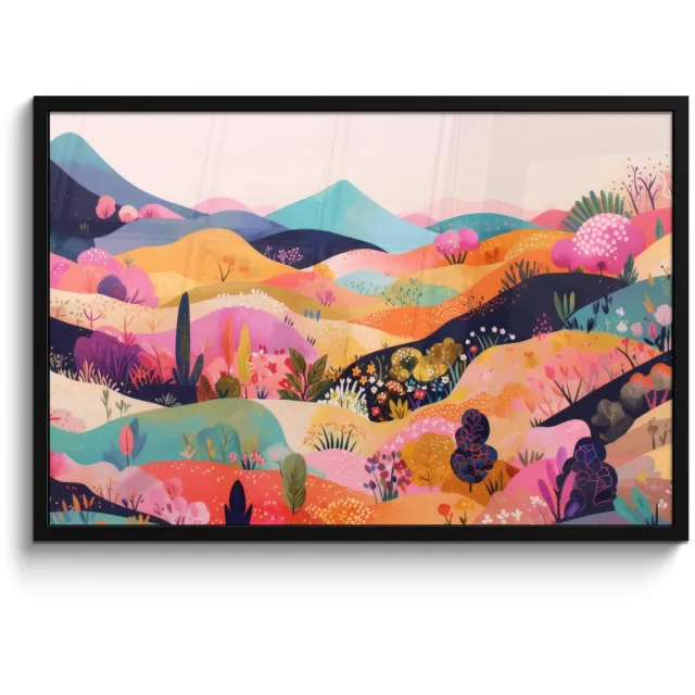 FrameYourWall Poster in lijst - Fotolijst 90x60 cm - Posters - Golvende heuvels - Abstracte planten - Dromerig - Posterlijst zwart - Decoratie - Wanddecoratie woonkamer - Muurdecoratie slaapkamer Heuvels - Kleurrijk