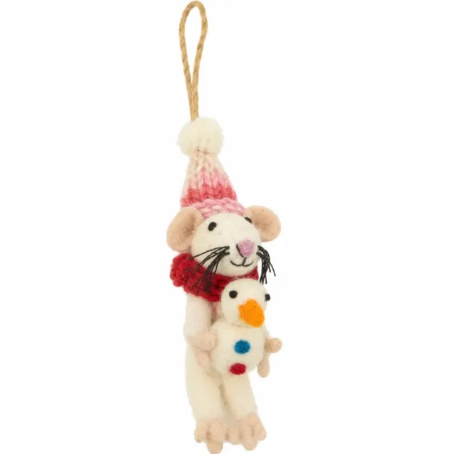 Yoko Meshi Ornament vilt kerst muis houdt sneeuwpop vast rood
