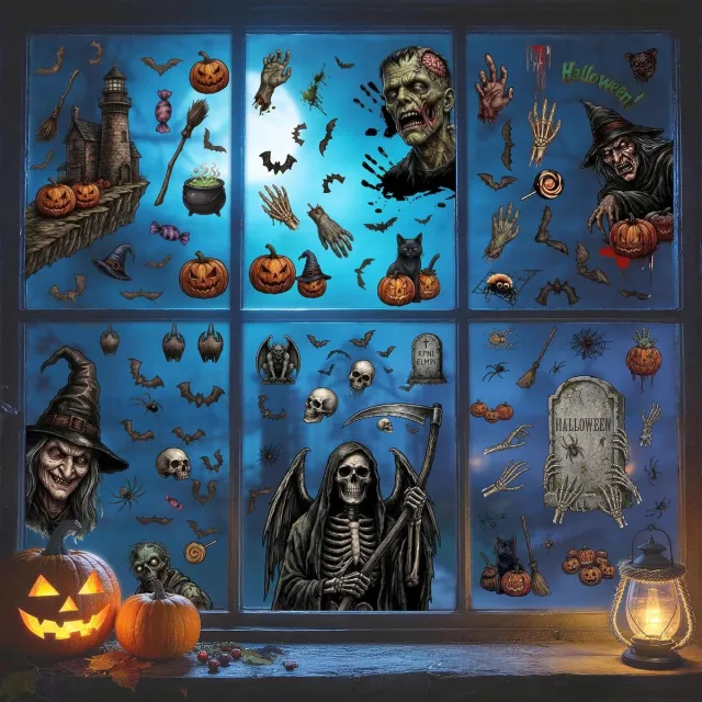 KZQ Halloween Raamstickers 6 Vellen – Dubbelzijdige Halloween Raamdecoratie met Heks, Zombie en Skelet – Herbruikbare Stickers voor Ramen en Glas Meerkleurig