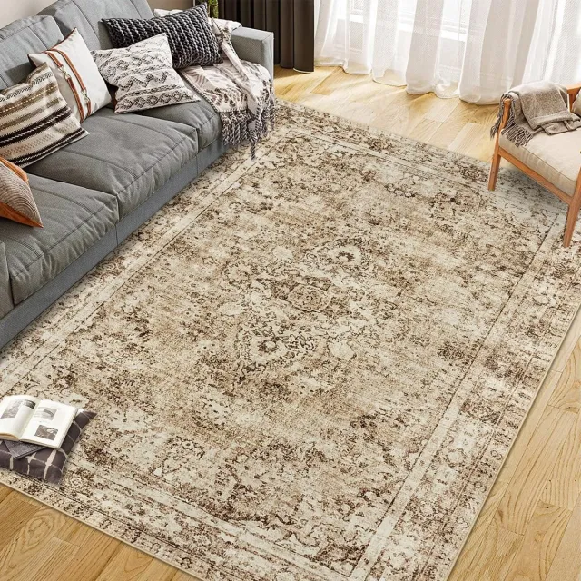 Ibenzoa Stijlvol en Wasbaar Laagpolig Tapijt voor Woonkamer, Slaapkamer en Kantoor in Vintage Boho Stijl Bruin