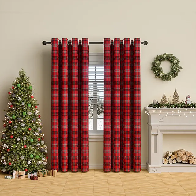 Qelus Rood Kerst Gordijn met Ruitjes 132x213 cm - Kant en Klaar met Ringen - Verduisterend Vintage Gordijn voor Woonkamer en Slaapkamer - Kerstdecoratie voor een feestelijke sfeer