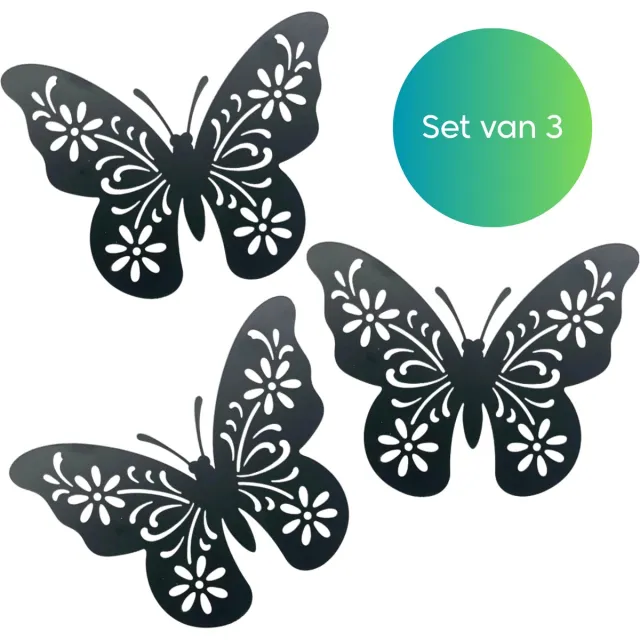 Janse Vlinder set van 3 - Metalen vlinders zwart - Tuin vlinders - Tuindecoratie - Schutting accessoires - Tuinhek decoratie - Wand decoratie vlinders - Schuur versiering - Woondecoratie - Muurvlinders - Voor binnen en buiten