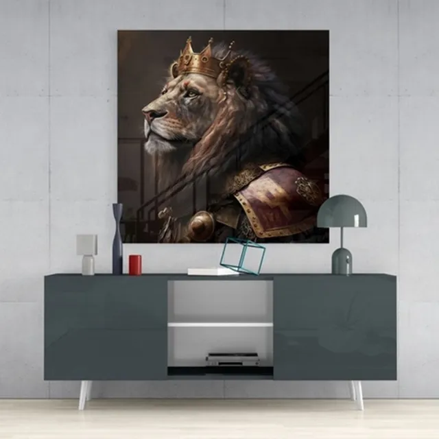 Insigne Art Glasschilderij Dieren - Leeuwenkoning - Leeuw - 80x80 cm - 4 mm Bruin