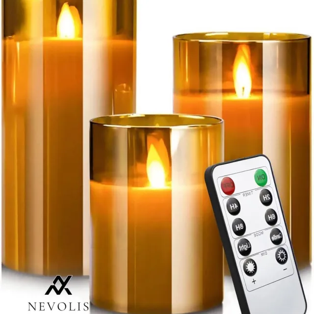 Nevolis LED candles with remote control outdoor candle timer flickering flame candle glass set of 3 wax candles - 10.2cm 12.7cm 15.2cm. . multi-color