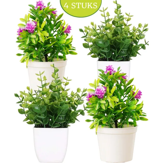 Boncy Premium Kunstplant in pot - 4 Stuks Kunstplanten - Nep planten voor Binnen en Buiten - Kamer Decoratie - Nepplanten Eucalyptus Kunst plant Boompje - Kunstbloemen