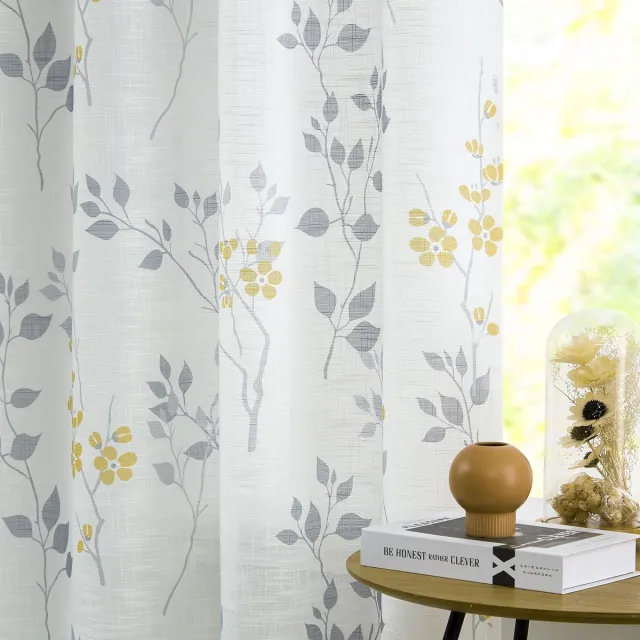 My Ninki ® Halftransparante Botanische Gordijnen met Bloemen- en Bladerenpatroon voor Landelijke Woonkamers geel grijs