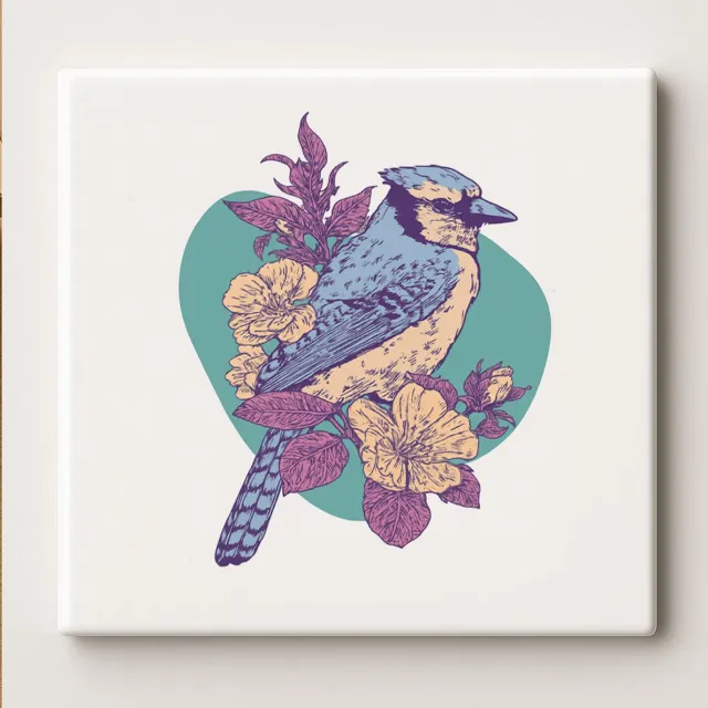 Nevolis Blauwe Vogel met Bloemen Tegel 15x15cm – Elegante Natuur Geïnspireerde Keramische Wandtegel, Prachtige Kunstdecoratie voor Woonkamer, Keuken of Tuin Multi Color