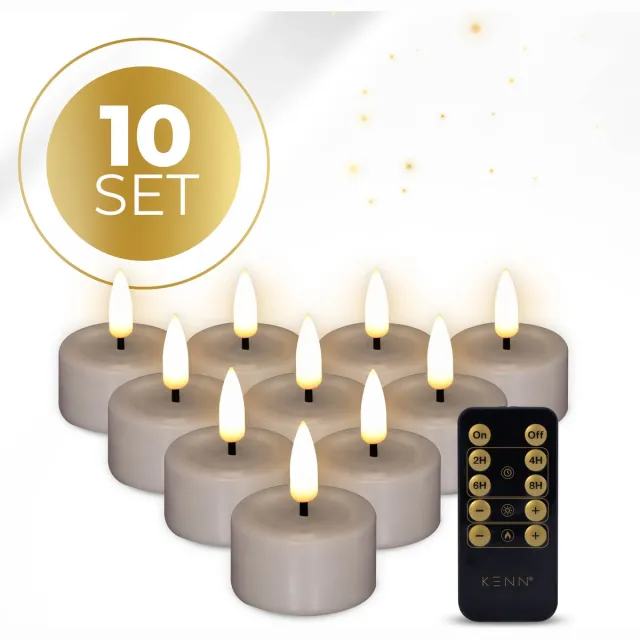 KENN LED Waxinelichtjes – Set van 10 – Taupe – Echte Wax – Met Afstandsbediening & Timer – Tot 300 Branduren – Inclusief Batterijen – LED Theelichtjes – Kaarsen op Batterij – Realistisch Flikkerende Vlam - Nep Waxinelichtjes