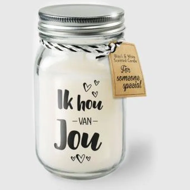 Paper dreams Kaars - Ik hou van jou - Lichte vanille geur - In glazen pot - In cadeauverpakking met gekleurd lint zwart -wit