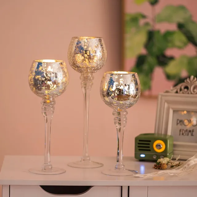 Unyqoos Set van 3 zilveren glazen kandelaars voor sfeervolle tafeldecoratie, zilver, 31*8cm, 3 stuks